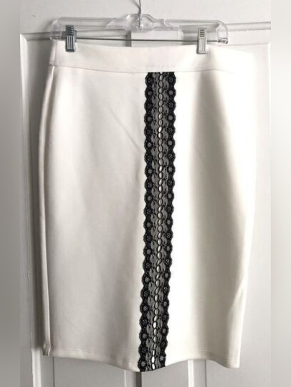 Soho Apparel White Pencil Skirt with Black Lace Center Panel